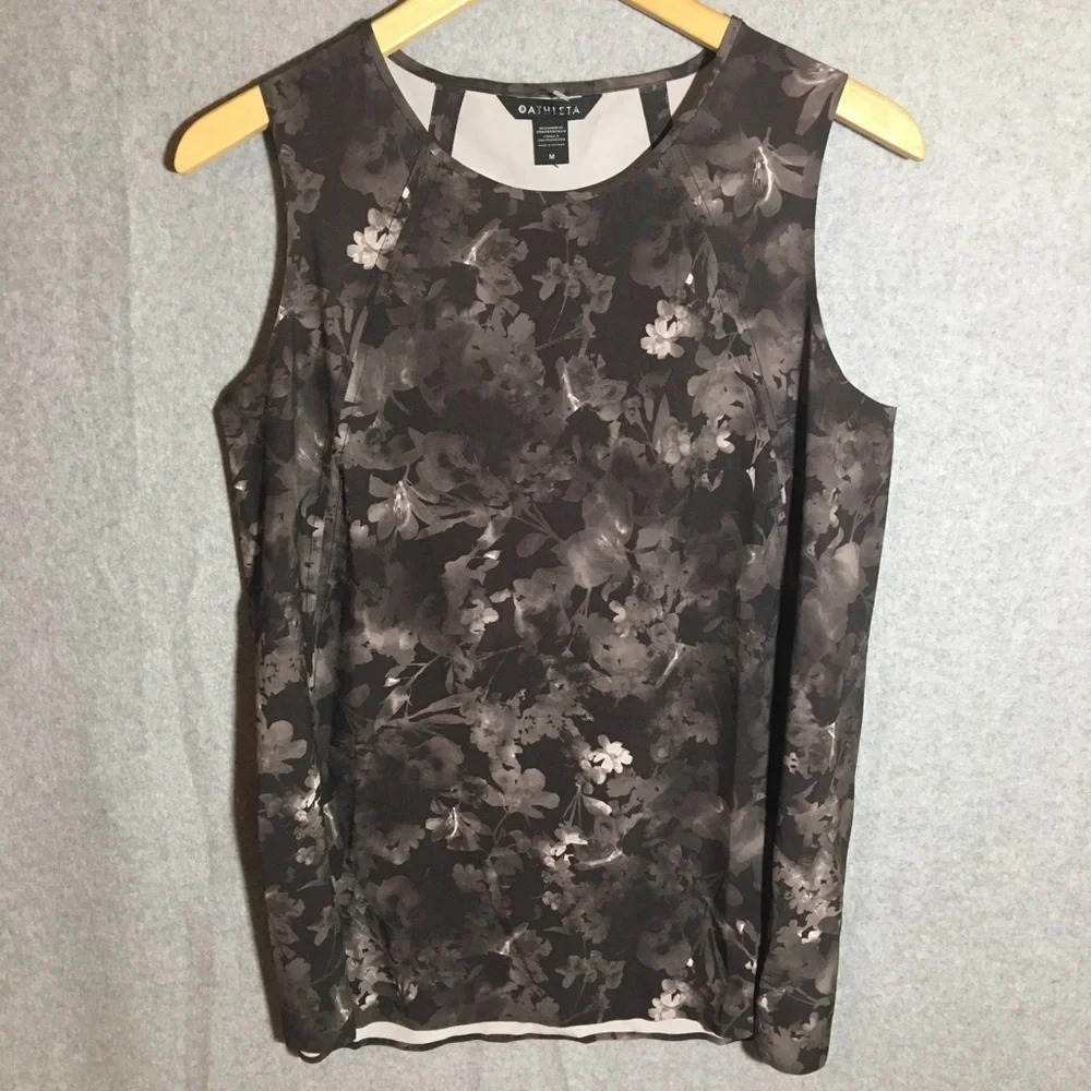 Womens NWOT Athleta Tank Top Athletic Athleisure Floral Grey Workout Gym Casual